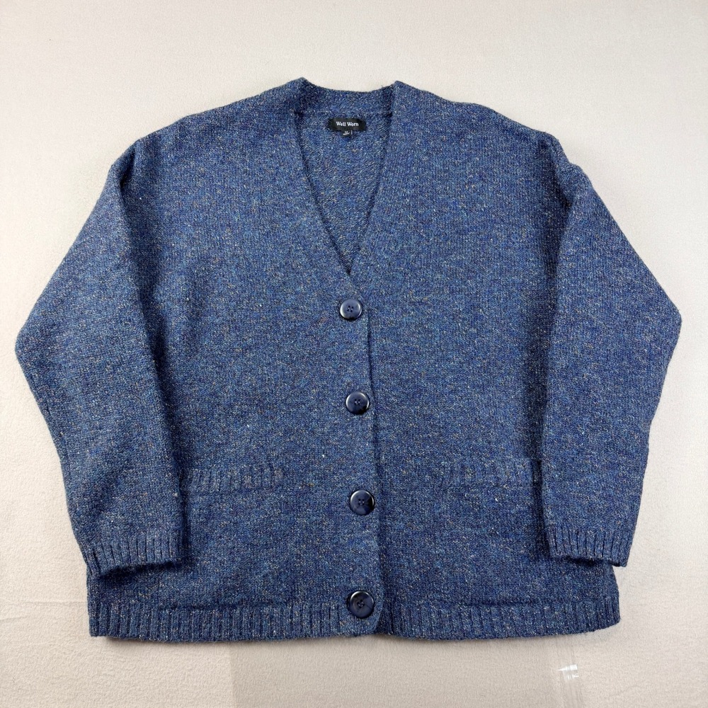Well Worn Womens Blue Marled Knit Button Front V-Neck Cardigan Sweater Medium